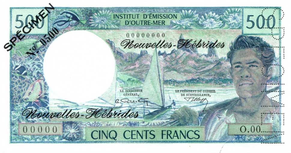 Front of New Hebrides p19s: 500 Francs from 1970