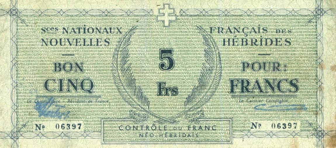 Front of New Hebrides p1: 5 Francs from 1943