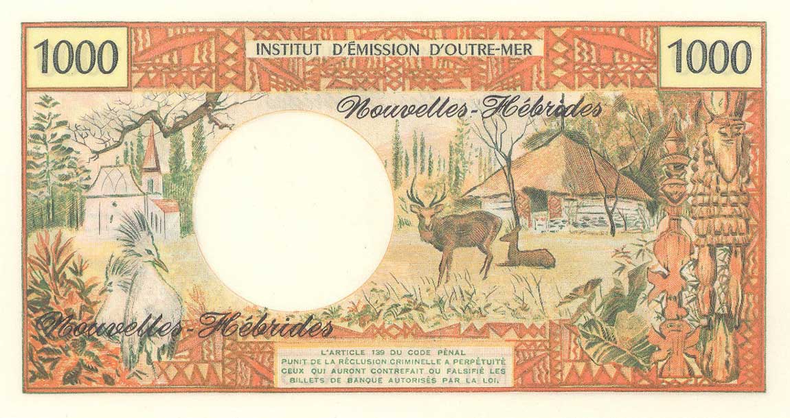 Back of New Hebrides p20b: 1000 Francs from 1975