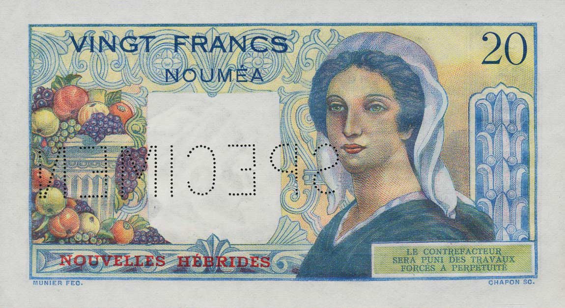 Back of New Hebrides p8s: 20 Francs from 1941