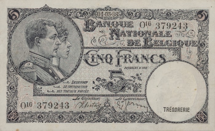 Front of Belgium p108x: 5 Francs from 1988