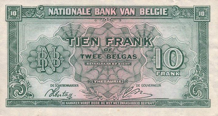 Back of Belgium p122a: 10 Francs from 1943