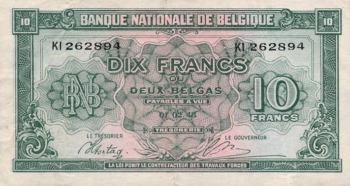 Front of Belgium p122a: 10 Francs from 1943