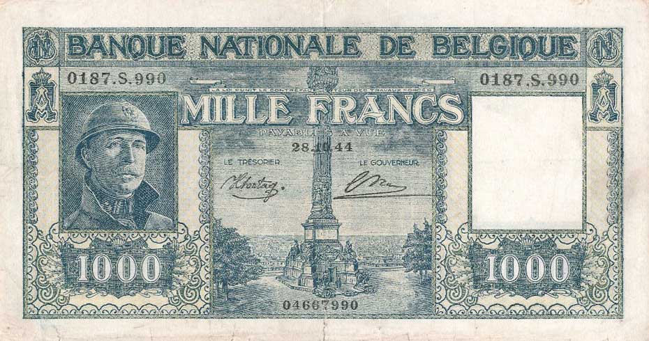 Front of Belgium p128a: 1000 Francs from 1944