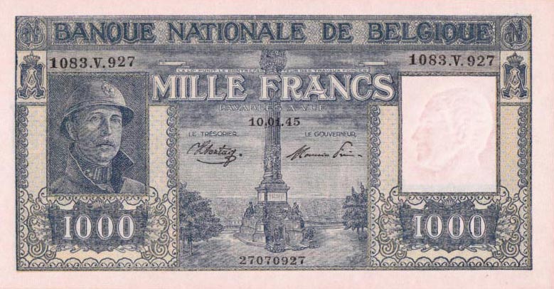 Front of Belgium p128b: 1000 Francs from 1944