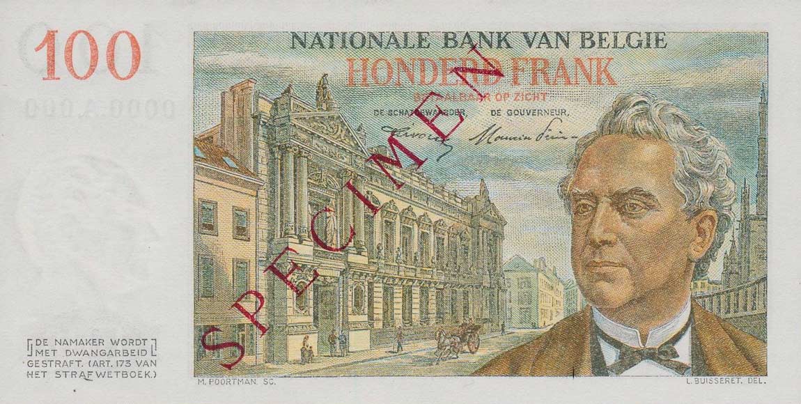 Back of Belgium p129s: 100 Francs from 1952