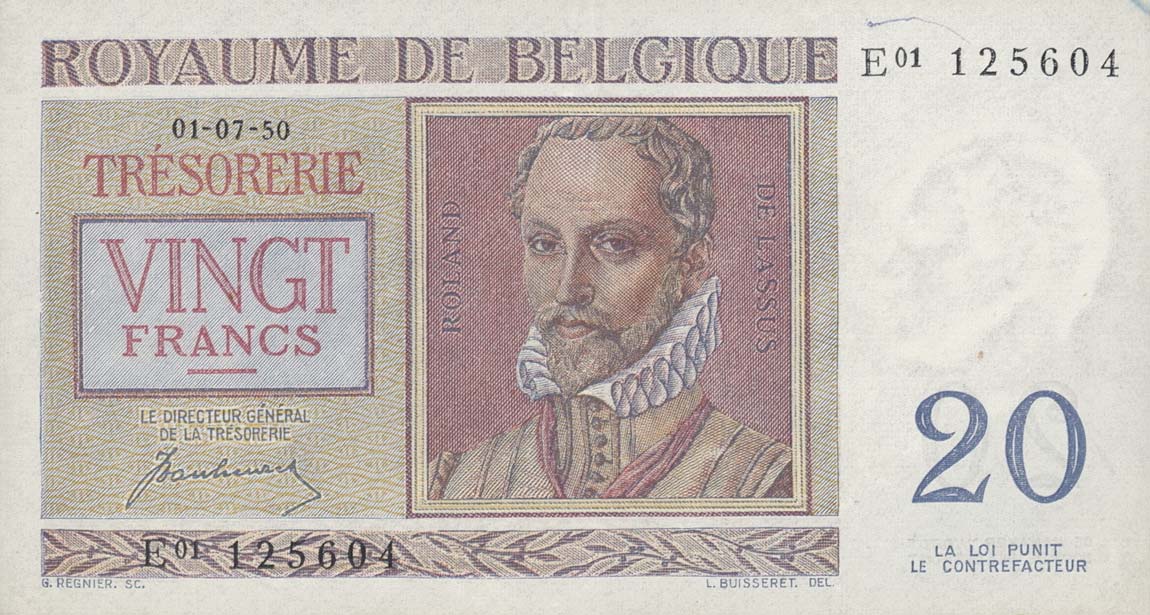 Front of Belgium p132a: 20 Francs from 1950