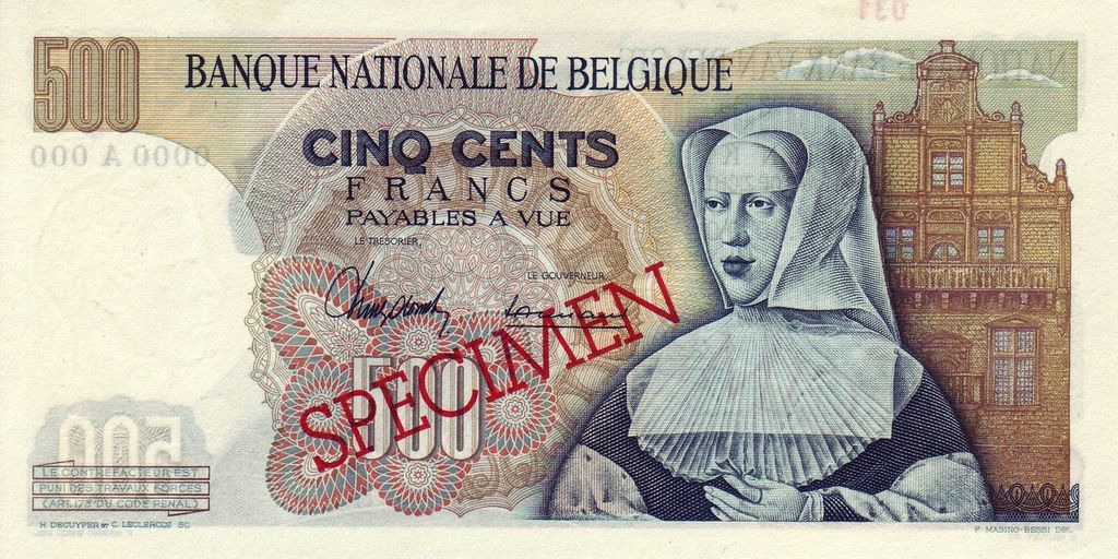 Back of Belgium p135s: 500 Francs from 1961