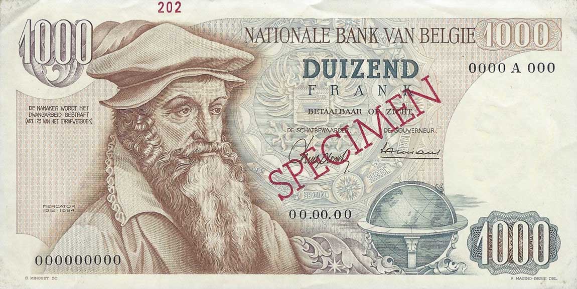 Front of Belgium p136s: 1000 Francs from 1961