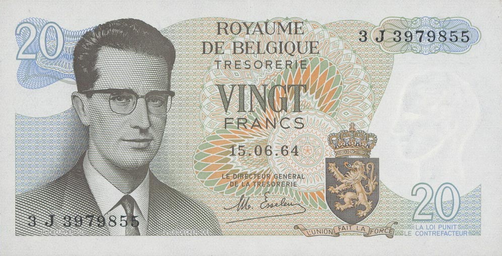 Front of Belgium p138a: 20 Francs from 1964