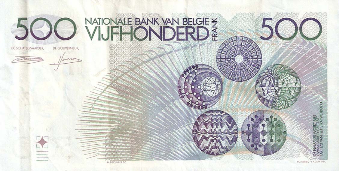 Back of Belgium p143a: 500 Francs from 1982