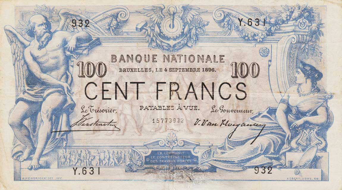 Front of Belgium p64b: 100 Francs from 1888