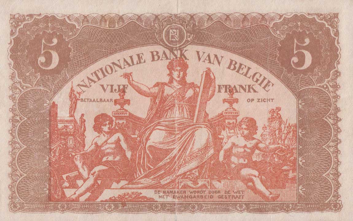 Back of Belgium p74b: 5 Francs from 1919