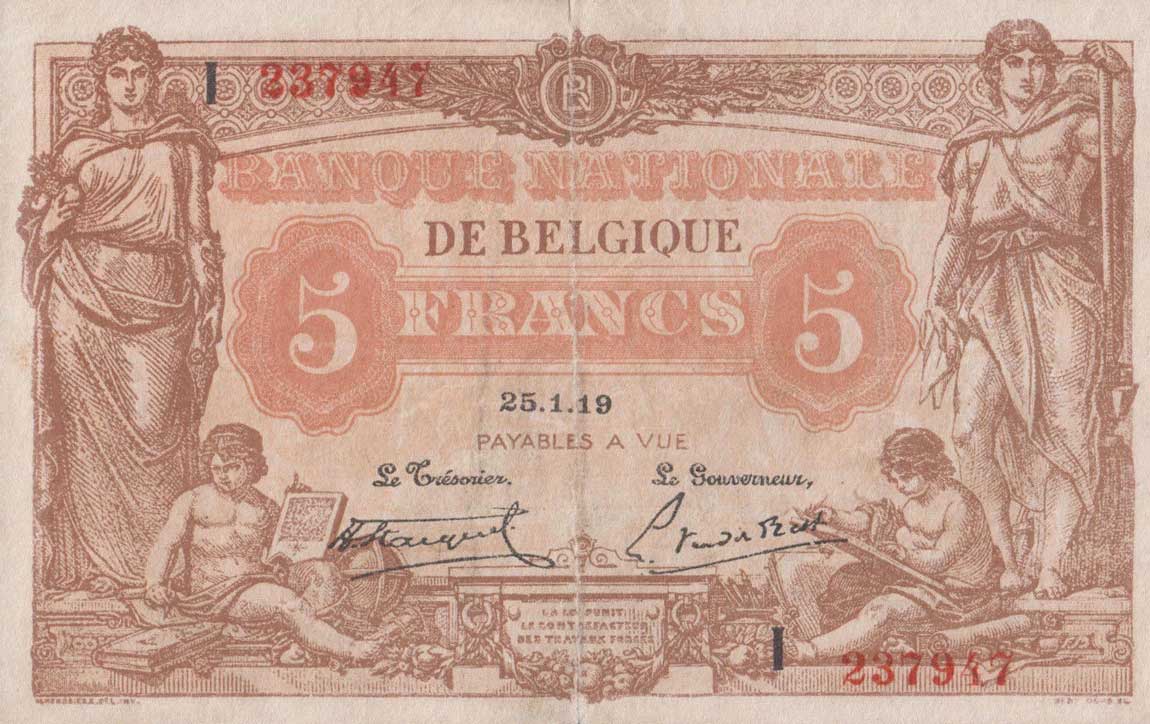 Front of Belgium p74b: 5 Francs from 1919