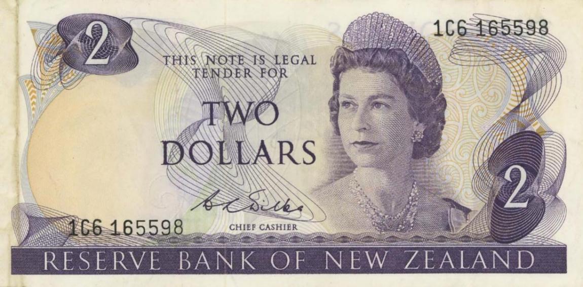 Front of New Zealand p164b: 2 Dollars from 1968