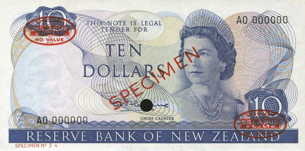 Front of New Zealand p166s: 10 Dollars from 1967