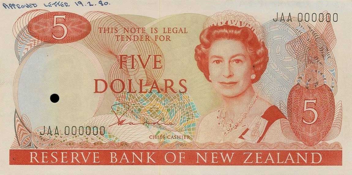 Front of New Zealand p171p: 5 Dollars from 1981