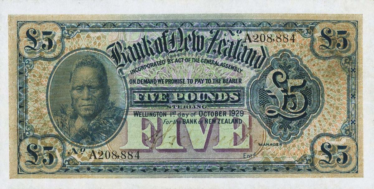 Front of New Zealand pS235a: 5 Pounds from 1924