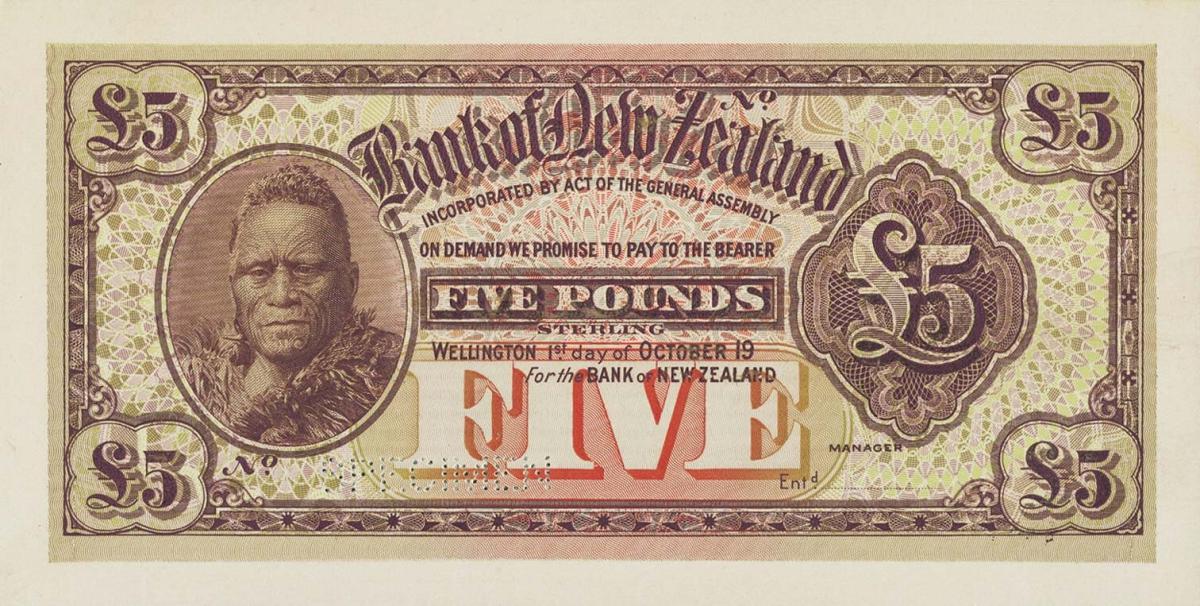 Front of New Zealand pS235ct: 5 Pounds from 1924