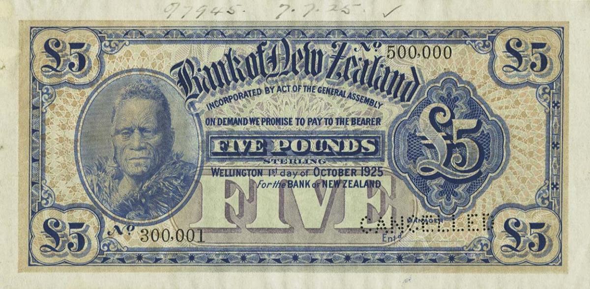 Front of New Zealand pS235s: 5 Pounds from 1924