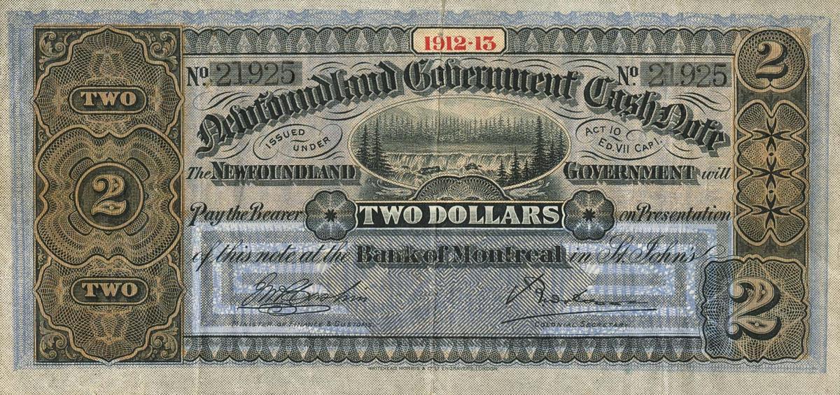 Front of Newfoundland pA12: 2 Dollars from 1910