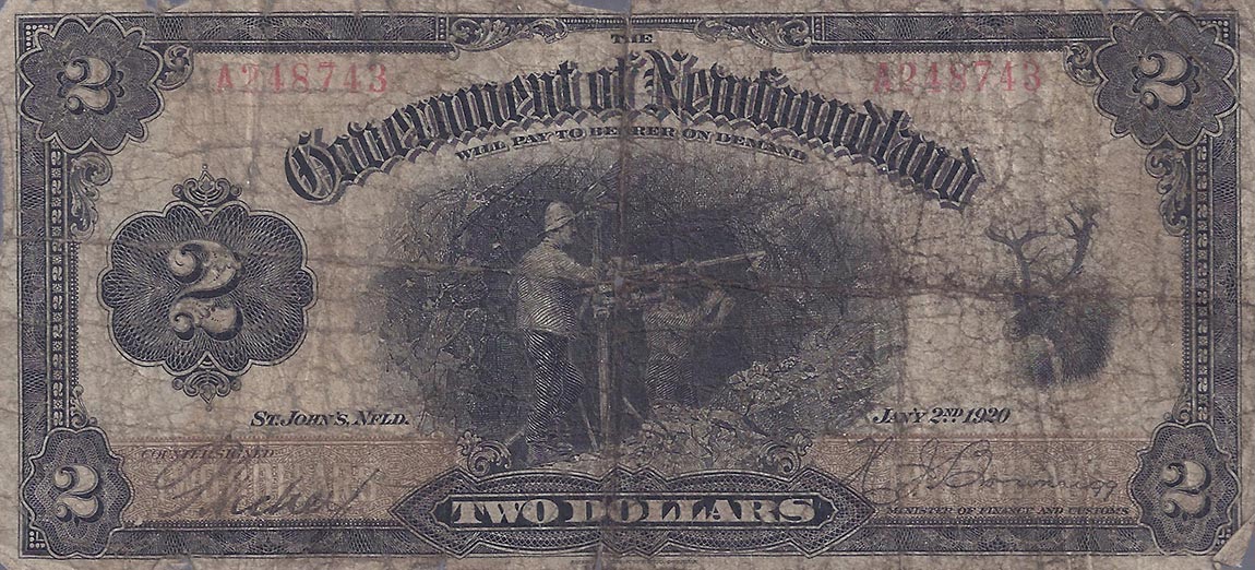 Front of Newfoundland pA15b: 2 Dollars from 1920