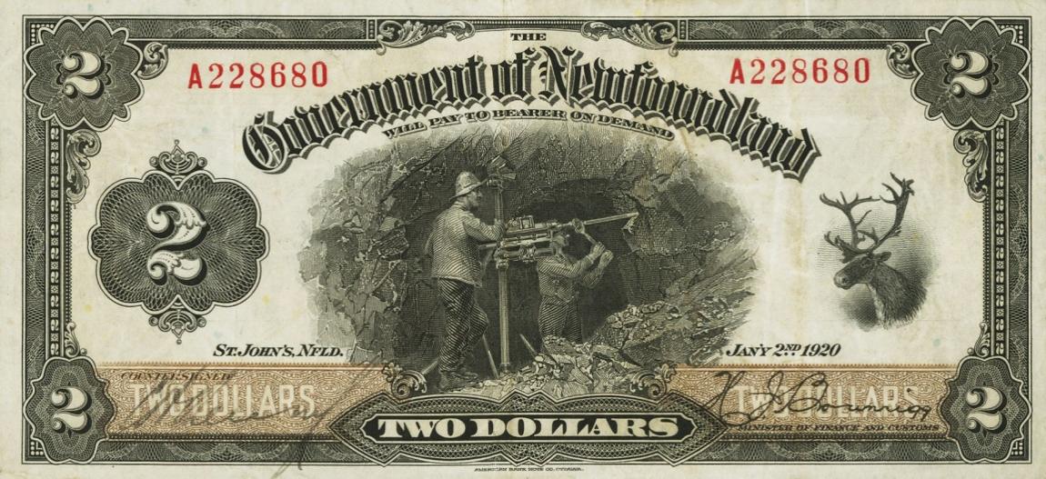 Front of Newfoundland pA15d: 2 Dollars from 1920