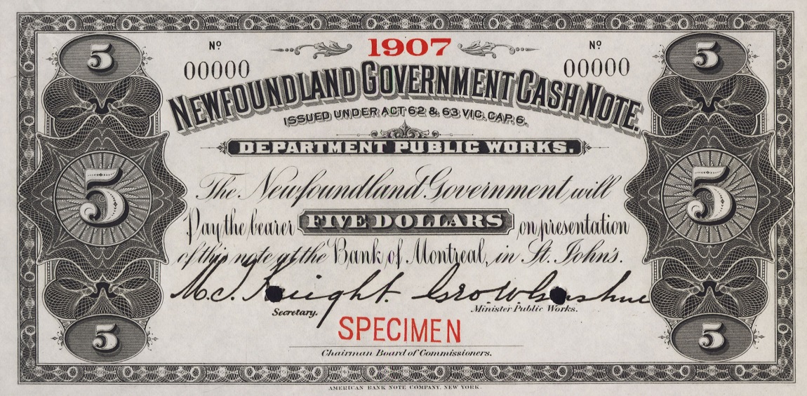 Front of Newfoundland pA8s: 5 Dollars from 1901