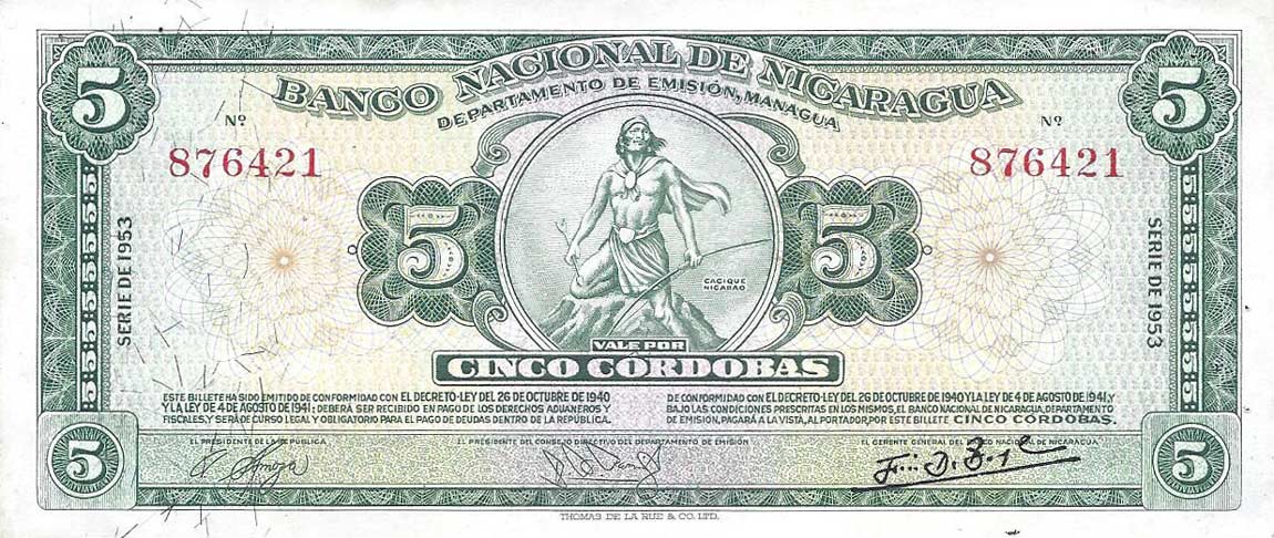 Front of Nicaragua p100a: 5 Cordobas from 1953