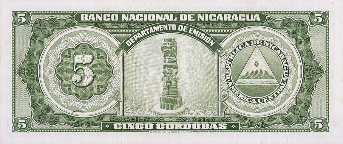 Back of Nicaragua p100c: 5 Cordobas from 1959