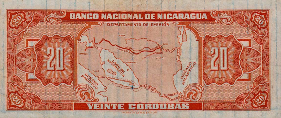 Back of Nicaragua p102a: 20 Cordobas from 1953