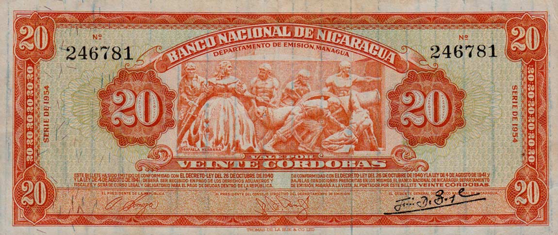 Front of Nicaragua p102a: 20 Cordobas from 1953