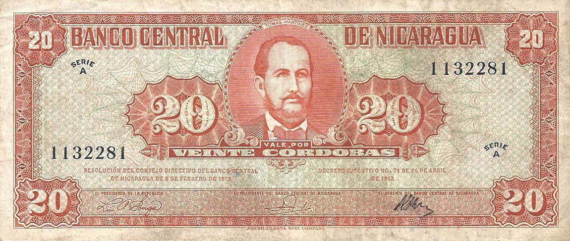Front of Nicaragua p110: 20 Cordobas from 1962