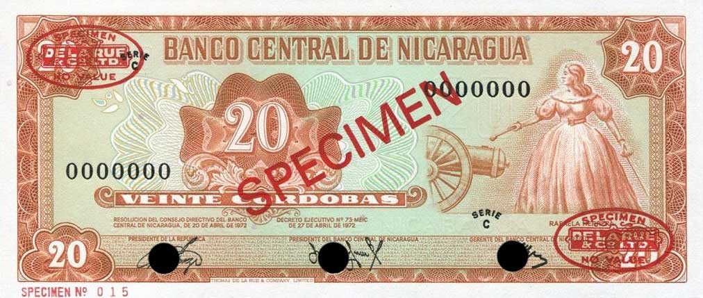 Front of Nicaragua p124s1: 20 Cordobas from 1972