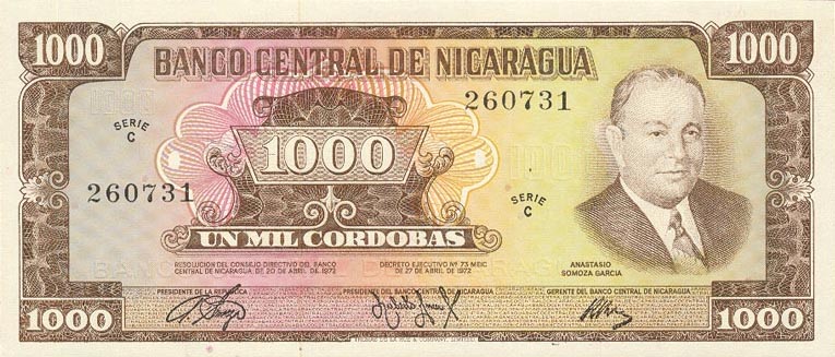 Front of Nicaragua p128a: 1000 Cordobas from 1972