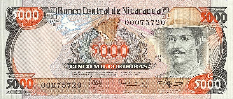 Front of Nicaragua p146: 5000 Cordobas from 1985