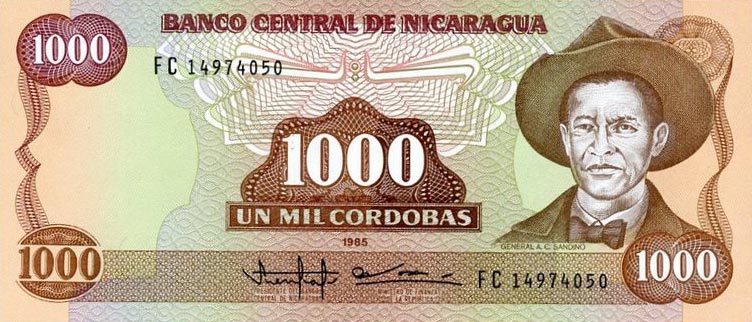 Front of Nicaragua p156b: 1000 Cordobas from 1985