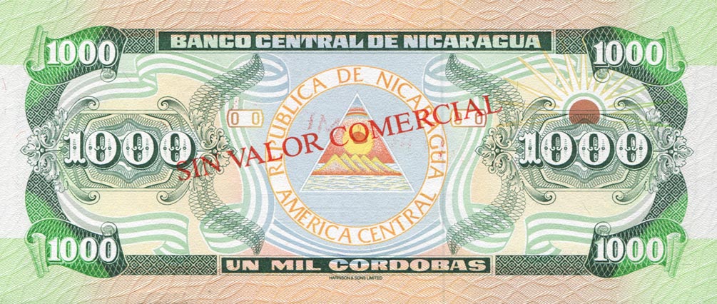 Back of Nicaragua p178Bs: 1000 Cordobas from 1991