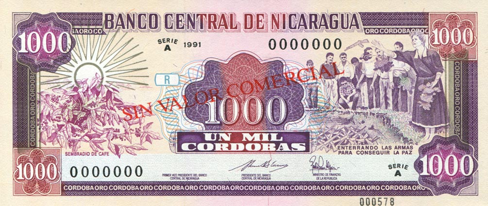 Front of Nicaragua p178Bs: 1000 Cordobas from 1991