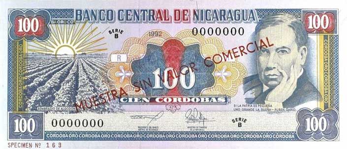 Front of Nicaragua p184s: 100 Cordobas from 1992