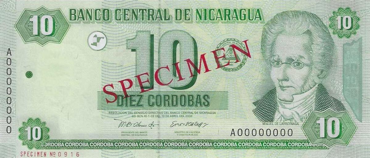 Front of Nicaragua p191s: 10 Cordobas from 2002