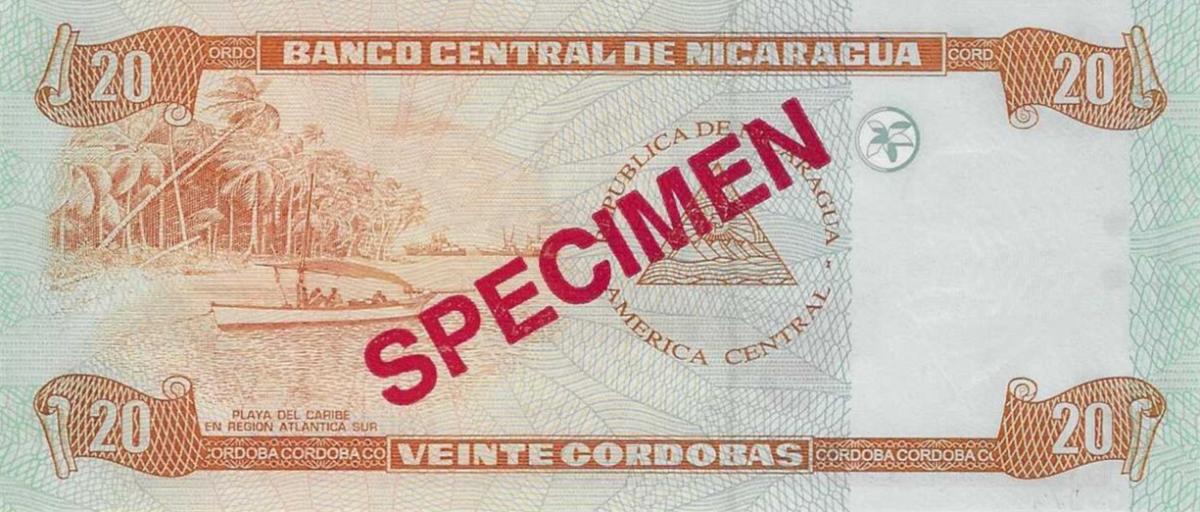 Back of Nicaragua p192s: 20 Cordobas from 2002