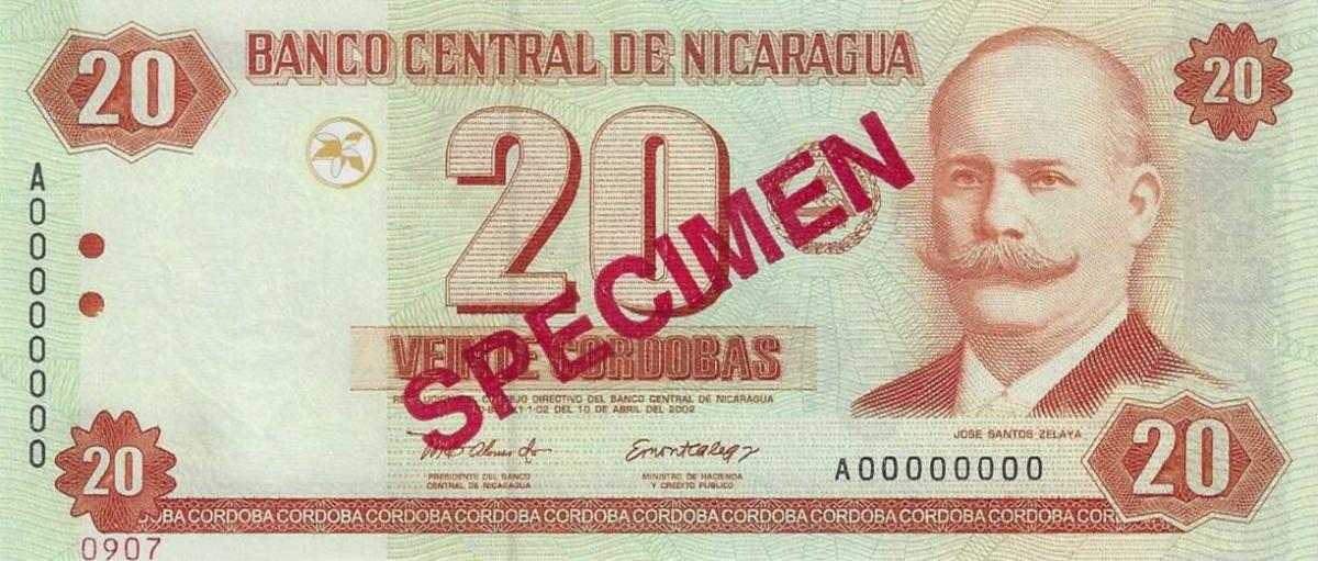 Front of Nicaragua p192s: 20 Cordobas from 2002