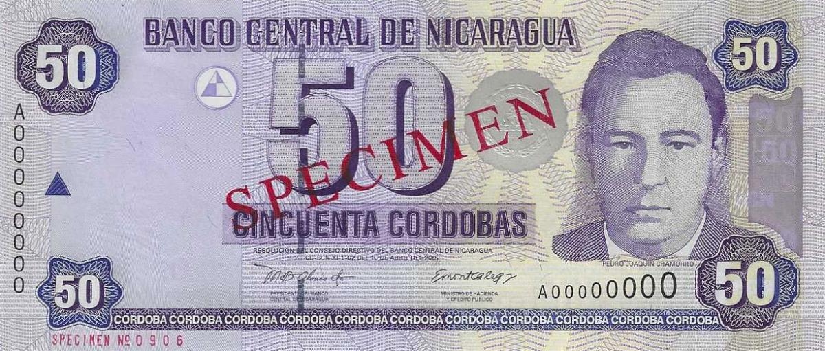 Front of Nicaragua p193s: 50 Cordobas from 2002