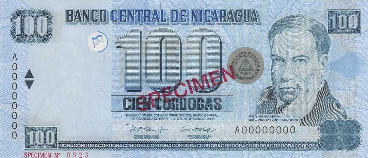Front of Nicaragua p194s: 100 Cordobas from 2002