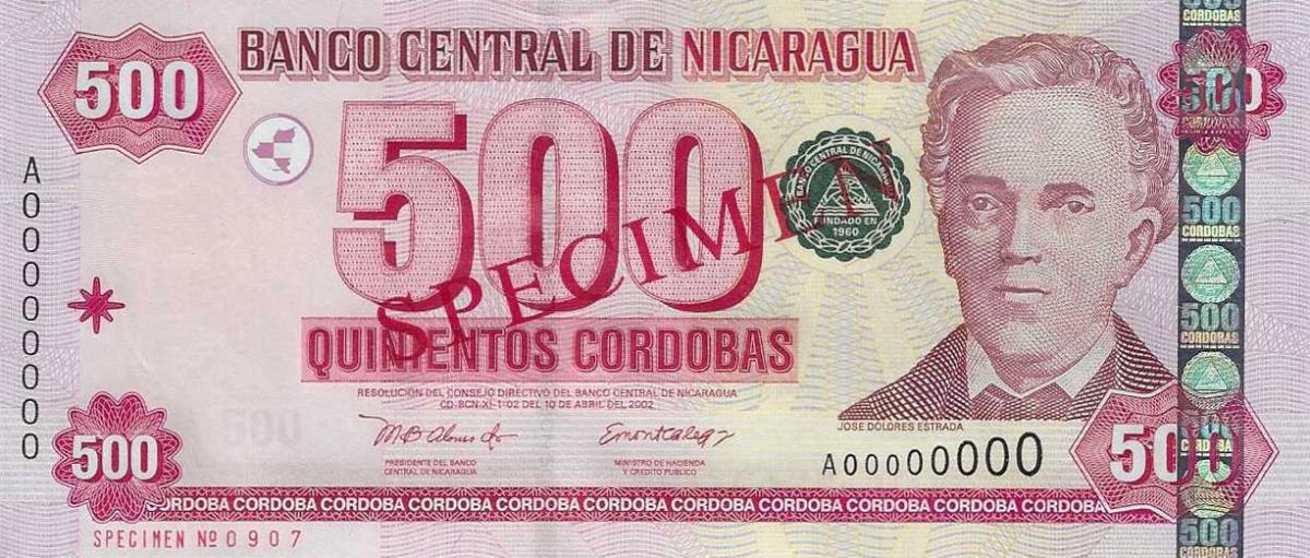Front of Nicaragua p195s: 500 Cordobas from 2002