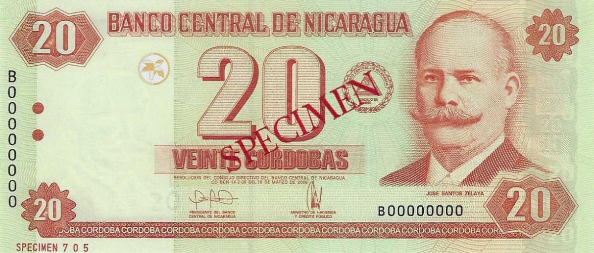 Front of Nicaragua p197s: 20 Cordobas from 2006