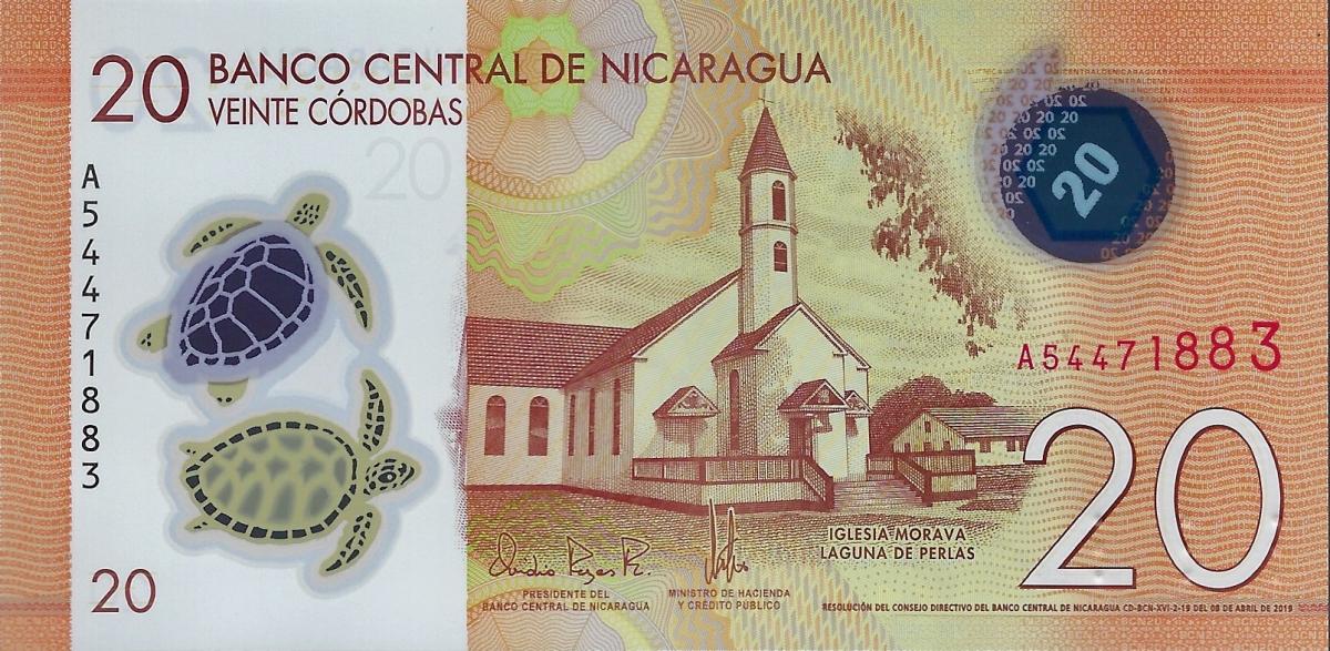 Front of Nicaragua p210a: 20 Cordobas from 2014