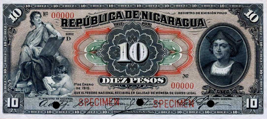 Front of Nicaragua p46s: 10 Pesos from 1910