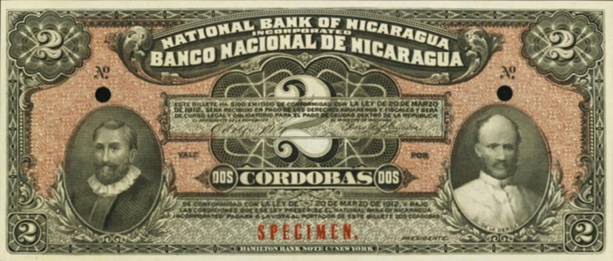 Front of Nicaragua p56s: 2 Cordobas from 1912